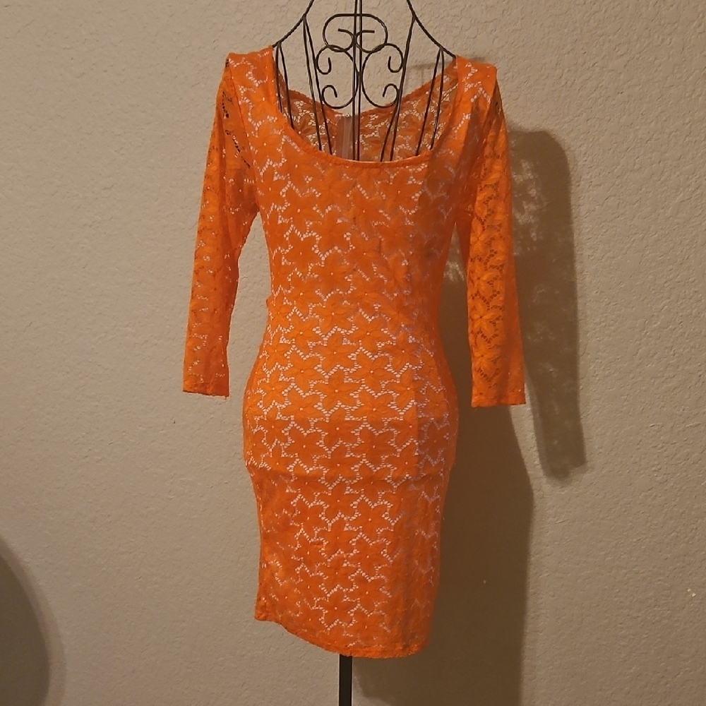 Chic Orange Lace Long Sleeve Dress